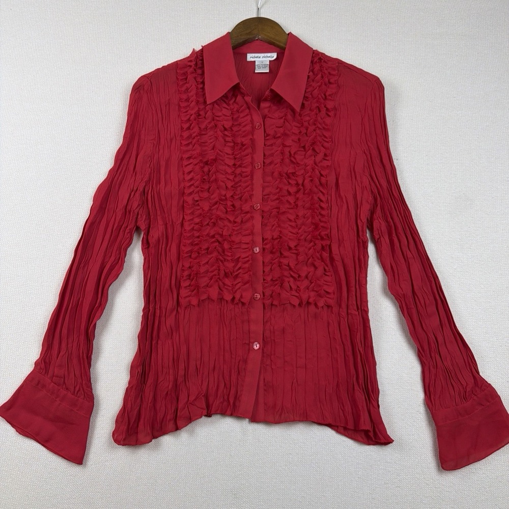 VTG Y2K Tuxedo Crinkle Ruffle Button Up Blouse Size L Red Corporate Chic Career